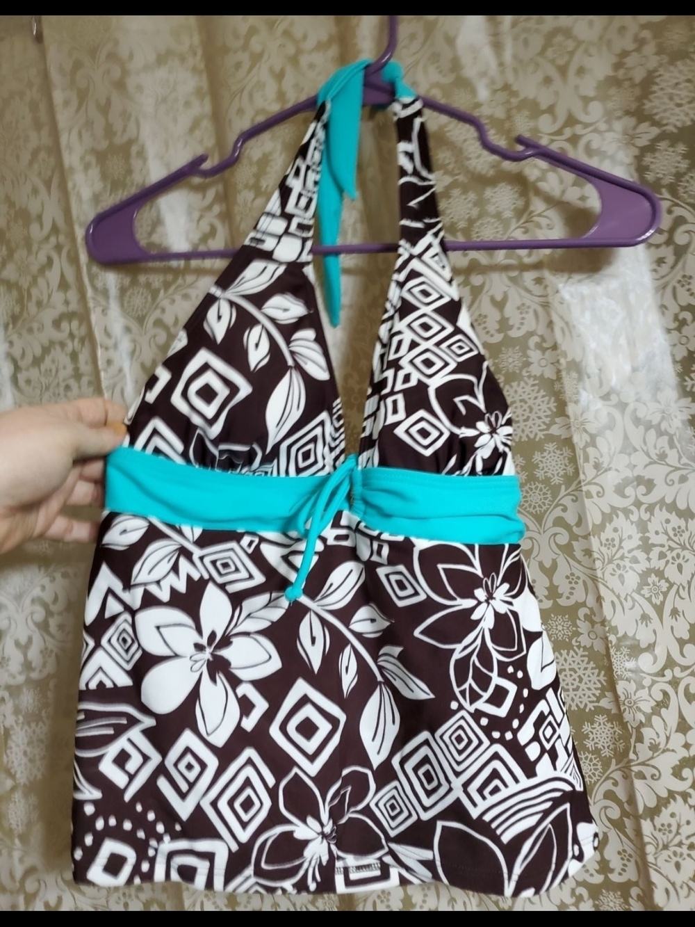 Women’s Turquoise-Trim Floral Halter Swim Top